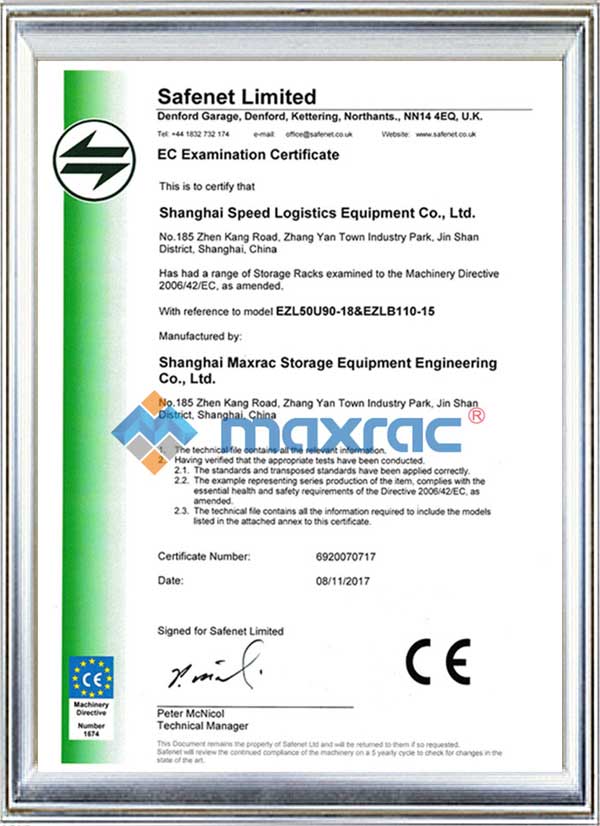 Certificat de rayonnage de palettes